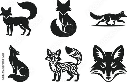 Fox Silhouette Vector Set with Sitting, Running and Decorative Styles