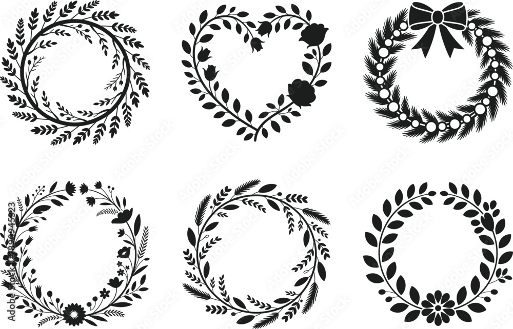 Obraz premium Botanical Wreath Silhouette Vector Set with Floral and Leaf Frames