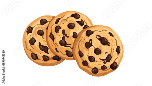 A delightful vector illustration featuring three golden-baked chocolate chip cookies artfully arranged on a clean background.