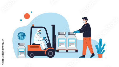 Workers in protective gear and hazmat suits use an orange forklift to transport large vaccine vials in a medical facility.