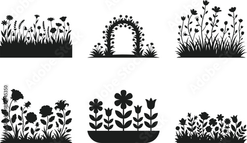 Flower Bed Silhouette Vector Set with Decorative Garden Plants