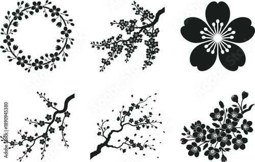 Cherry Blossom Branch Silhouette Vector Set with Floral Elements