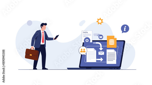 Successful businessman with a briefcase observes complex data transfer and information processing on his laptop screen.