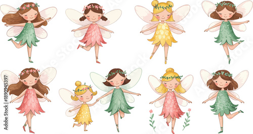 Eight colorful cartoon fairy illustrations with different hair and dress colors