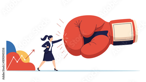 Powerful businesswoman punches a giant boxing glove to overcome obstacles and drive positive business growth indicated by a chart.