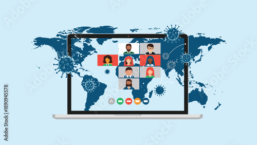 Laptop displays a global video conference with remote participants during a pandemic context symbolized by virus icons and map.