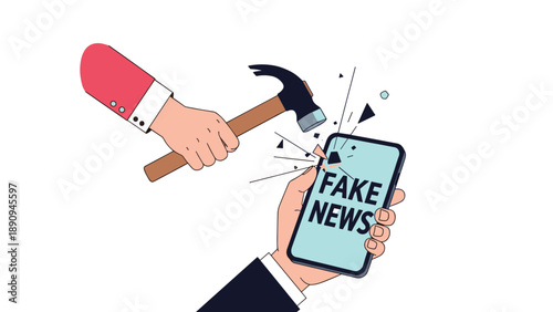 Powerful hand swings a hammer to destroy a smartphone displaying fake news to stop the spread of misinformation and propaganda.
