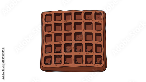 An illustration depicting a delicious brown squared waffle, perfectly textured with deep pockets, awaiting sweet toppings, presented on a clean
