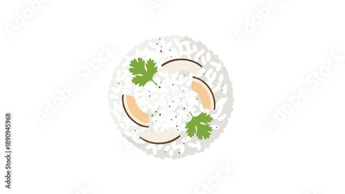 Overhead view of artfully arranged rice dish with mushroom slices and fresh green garnish isolated on a pristine white background minimalist