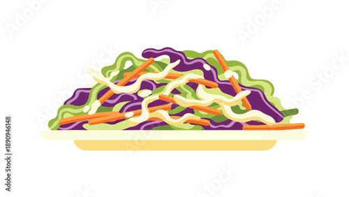 Vibrant mixed salad illustration with green and purple cabbage, carrots, and creamy dressing on a plate.