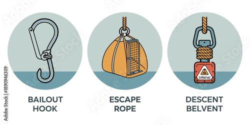 Safety Equipment Illustrations: Bailout Hook, Escape Rope, and Descent Belvent for Emergency Situations