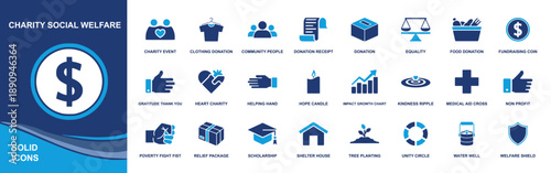 Charity welfare icon set. Containing donation, fundraising, helping hand, equality, medical aid, shelter, scholarship, relief package, unity and more. Solid vector icons collection