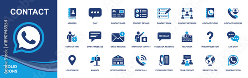 Contact icon set. Containing address book, chat, contact card, phone, call log, message, email, help desk, feedback, inquiry, emergency, mailbox, location pin, office, team, globe, WhatsApp and more. 