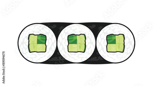 A trio of fresh cucumber maki sushi rolls presented with pristine white rice and dark seaweed, a clean and appetizing graphic illustration of