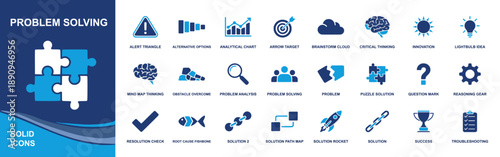 Problem solving icon set. Containing puzzle, analysis, brainstorming, thinking, target, chart, troubleshooting, root cause, success, idea and more. Solid fill vector icons collection