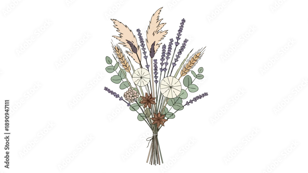 Fototapeta premium A stylized illustration of a beautiful dried floral bouquet featuring pampas grass, lavender, wheat, eucalyptus, and unique seed pods, tied with