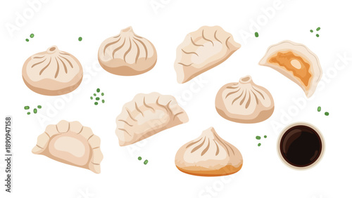 An assortment of delicious Asian dumplings and a dipping sauce, perfect for a culinary design