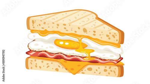 Delicious breakfast sandwich illustration with golden toasted bread, crispy bacon, a runny fried egg, and melted cheese slice for a satisfying meal