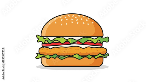A visually appealing cartoon chicken sandwich with crisp fresh toppings and a sesame bun illustration