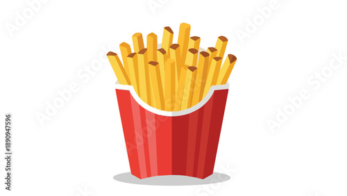 Crispy golden french fries in a distinctive red container, a classic universal fast-food indulgence.