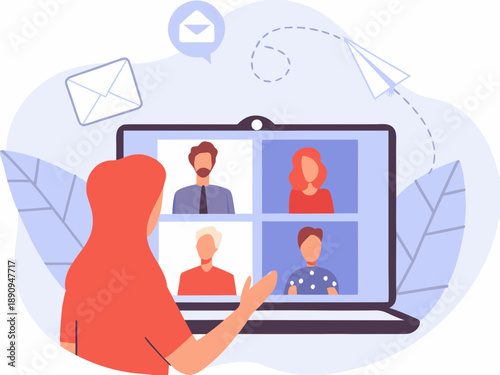 A person participates in a video conference call on a laptop