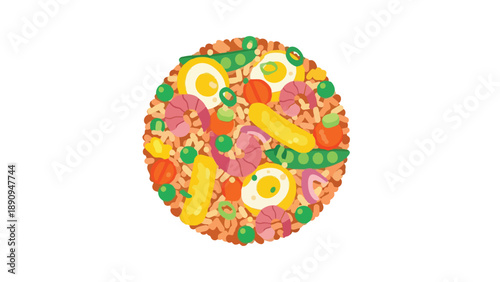 Vibrant mixed rice dish illustration with shrimp, eggs, and fresh vegetables