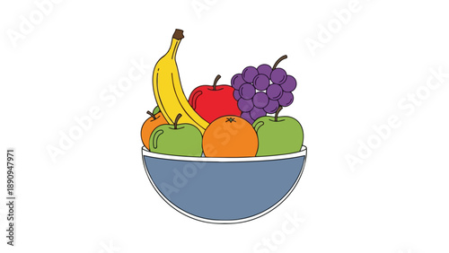 Colorful fruit bowl featuring a fresh selection of bananas, grapes, apples, and oranges, promoting healthy living.