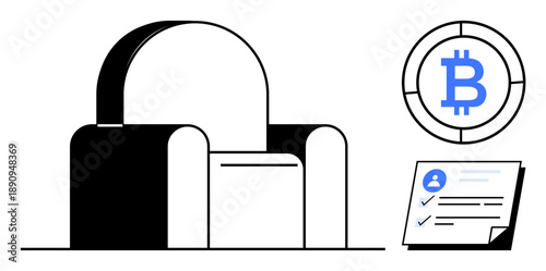 Chair beside Bitcoin with user identity checklist. Ideal for cryptocurrency, security, innovation, finance, technology, blockchain, privacy. Simple flat metaphor