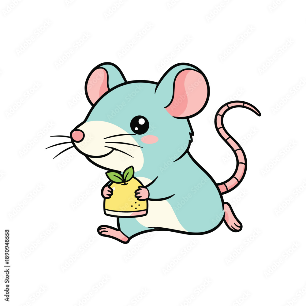 Fototapeta premium Cute blue cartoon mouse holding a yellow cheese with green leaf