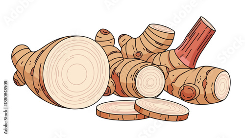 Stylized digital artwork of aromatic ginger rhizomes presenting whole roots and expertly sliced rounds ideal for healthy recipes and natural