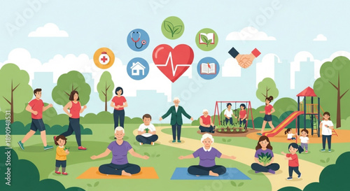 People exercising and meditating in a park with health icons floating above them