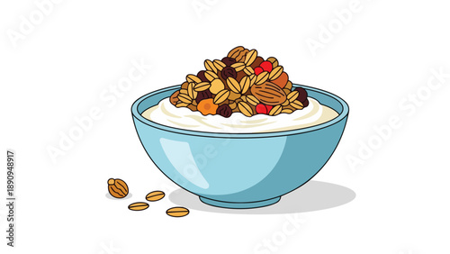 Nutritious breakfast bowl featuring creamy yogurt generously topped with crunchy granola, fresh berries, and assorted nuts for a wholesome and