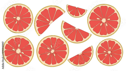 A vibrant hand-drawn illustration featuring diverse grapefruit slices and segments, highlighting their fresh, juicy, and healthy citrus qualities
