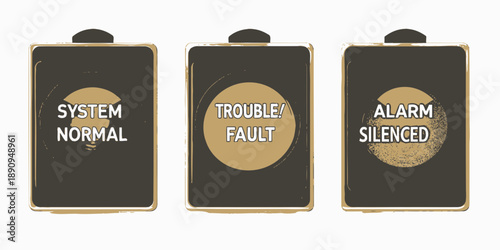 Industrial Control Panel Indicators Showing System Status - Normal, Trouble, and Alarm Silenced