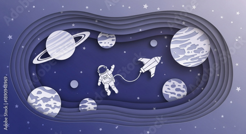 Astronaut in space with rocket ship surrounded by planets and moons in deep blue galaxy background