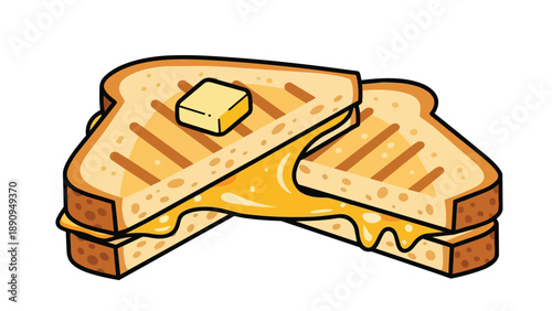 Vivid cartoon of a golden-brown grilled cheese sandwich, gooey melted cheese spilling from crisp toast, topped with creamy butter, a timeless