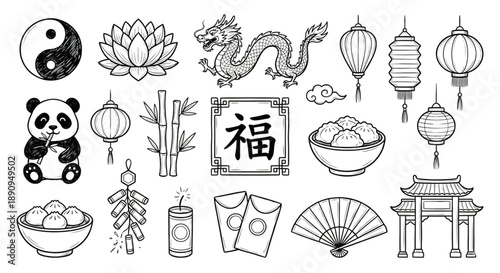 Chinese New Year celebration symbols and icons in black and white