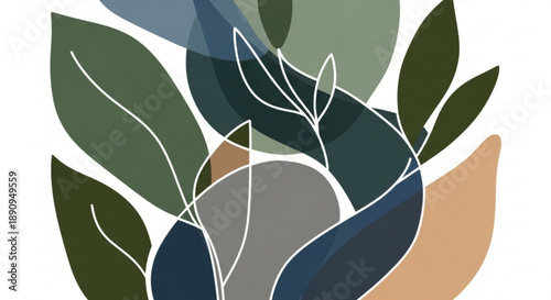 Colorful abstract leaves arrangement with white outlines on a plain background for design and decoration