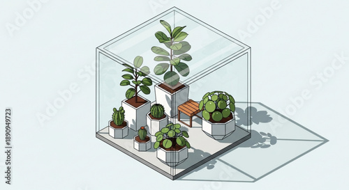 Isometric illustration of a mini indoor garden with various potted plants and a small wooden bench inside a glass terrarium on a white background