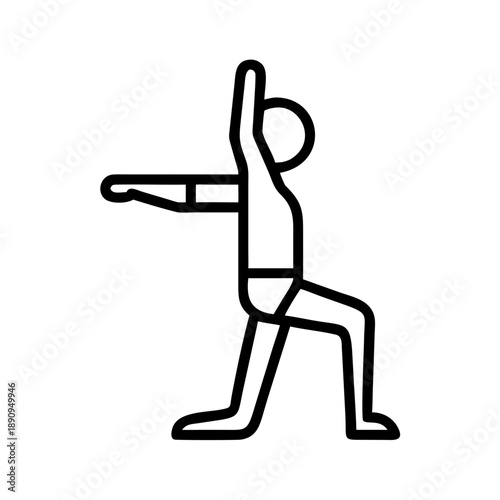 Line drawing of a person practicing yoga in warrior pose  