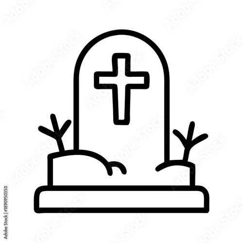 Simple outline of a gravestone with cross and grass details  