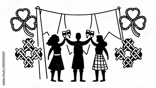 Three silhouetted figures toasting with cups under a decorated cloth banner