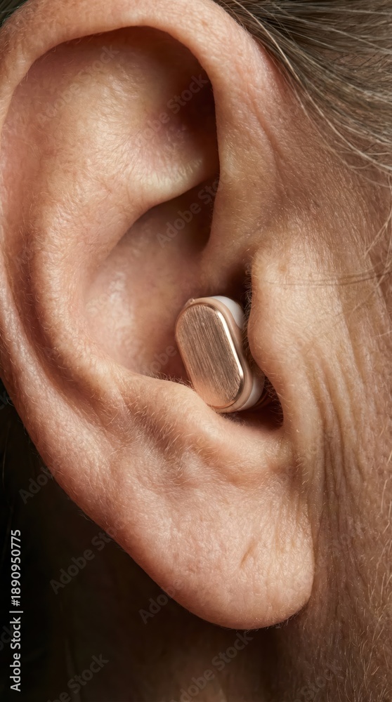 Fototapeta premium Celebrating world hearing day with modern hearing aid closeup concept. Close-up. International Day of the Deaf. Ear care concept