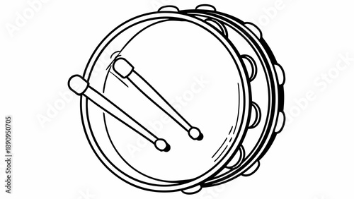 A close-up illustration of a tambourine with drumsticks ready for musical performance