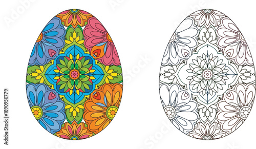 Easter egg mandala coloring page and colored vector illustration with floral ornaments, spring holiday decoration and antistress sketch for adults.