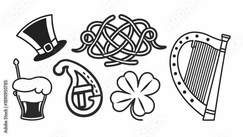 Illustration of Celtic knotwork, shamrock, harp, leprechaun hat, and beer mug, symbolizing Irish heritage and culture in a traditional setting from a straightforward viewpoint.