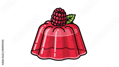 Delicious red gelatin dessert with a vibrant raspberry and fresh green leaf illustration, a sweet and refreshing cartoon style treat, perfect for