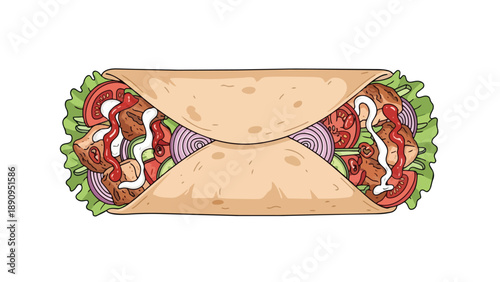 Delicious flatbread wrap graphic, packed with seasoned meat, crisp lettuce, ripe tomatoes, red onions, creamy white, zesty red sauces. Isolated on