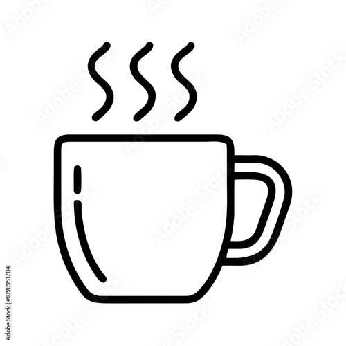 Simple line drawing of steaming coffee cup on white background  