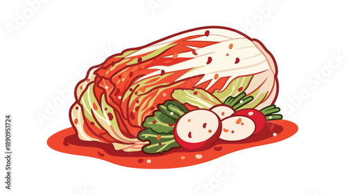 Vibrant illustrative depiction of classic Korean spicy fermented napa cabbage dish, showcasing rich flavors and fresh radish accents.